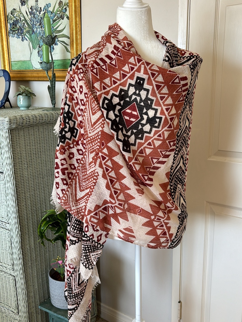 Oversized vintage scarf Aztec boho style